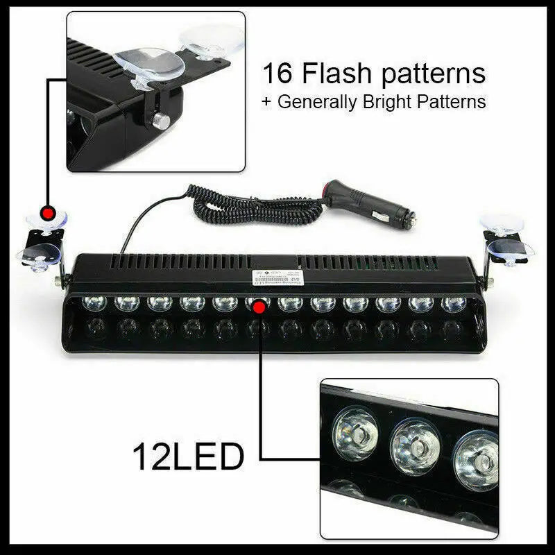 12LED Car LED Strobe Light Red/Blue/White Police Lights Signal Lamps Flash Dash Emergency Flashing Windshield Warning Light 12V