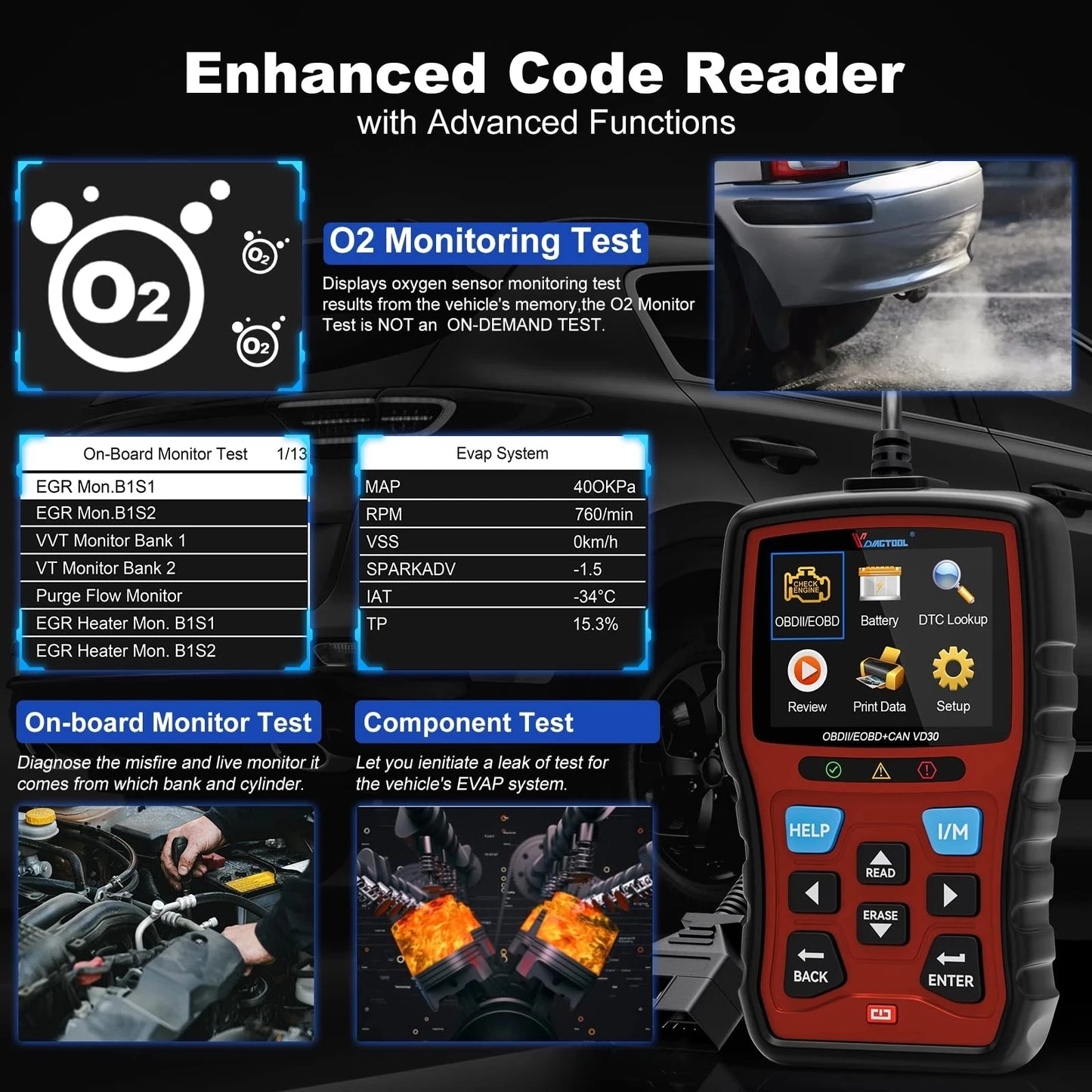 VDIAGTOOL VD30 OBD2 Scanner Car Code Reader Engine Diagnostics Tool DTC Lookup Turn Off CEL Voltage Test For All OBDII Vehicles